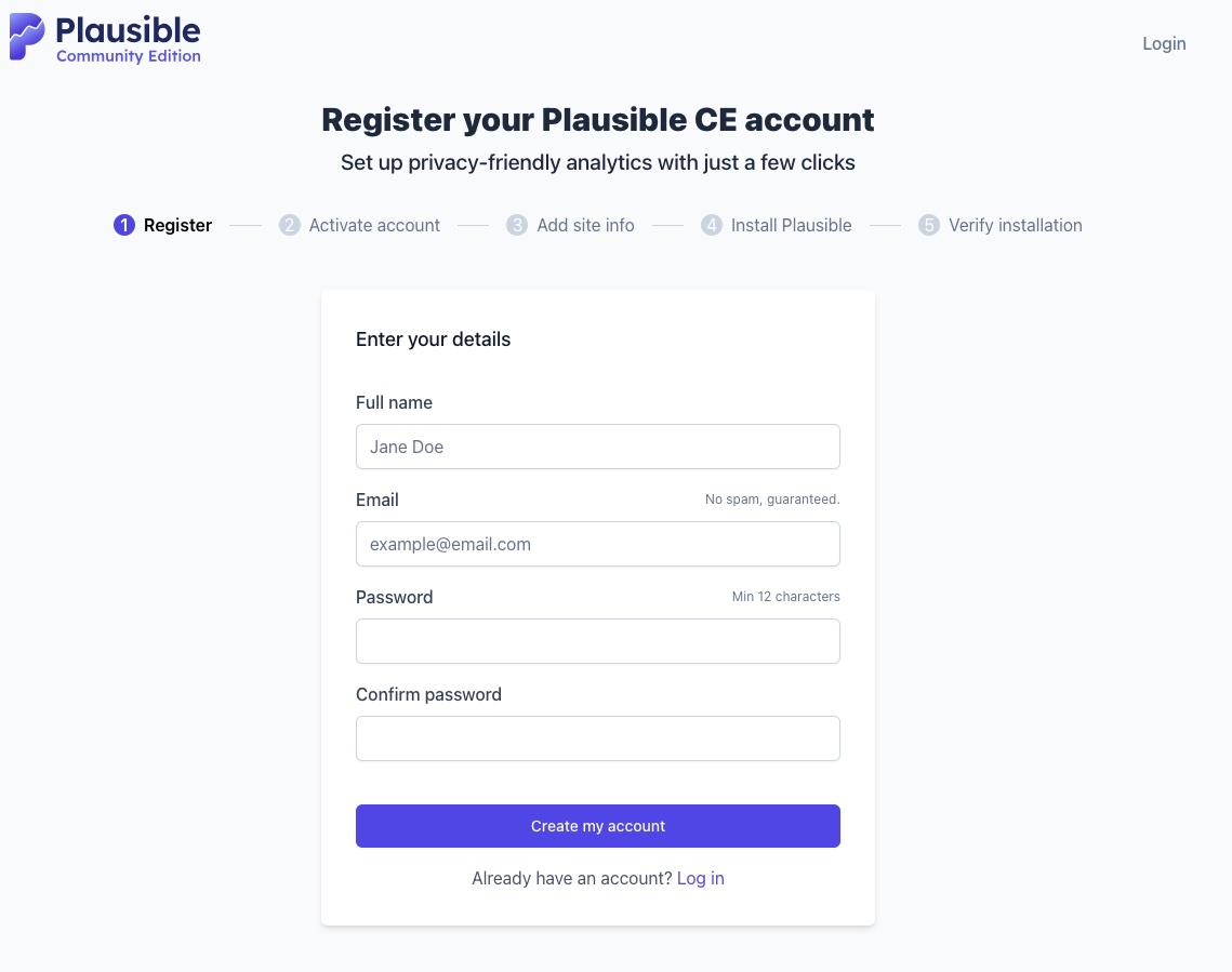 Plausible.io community setup screen